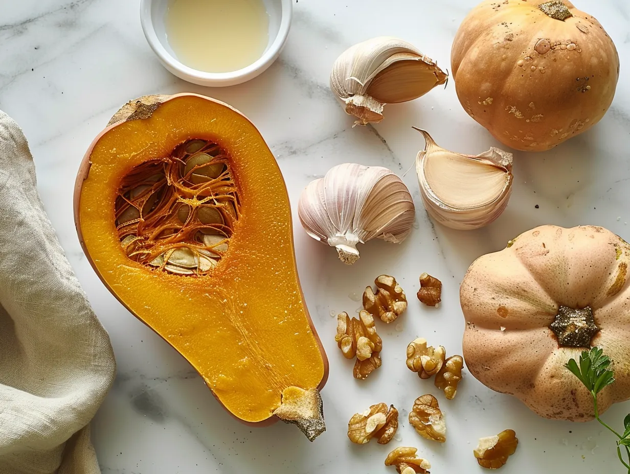 Ingredients for making roasted honeynut squash: squash, olive oil, salt, pepper, maple syrup, cinnamon, and cayenne pepper