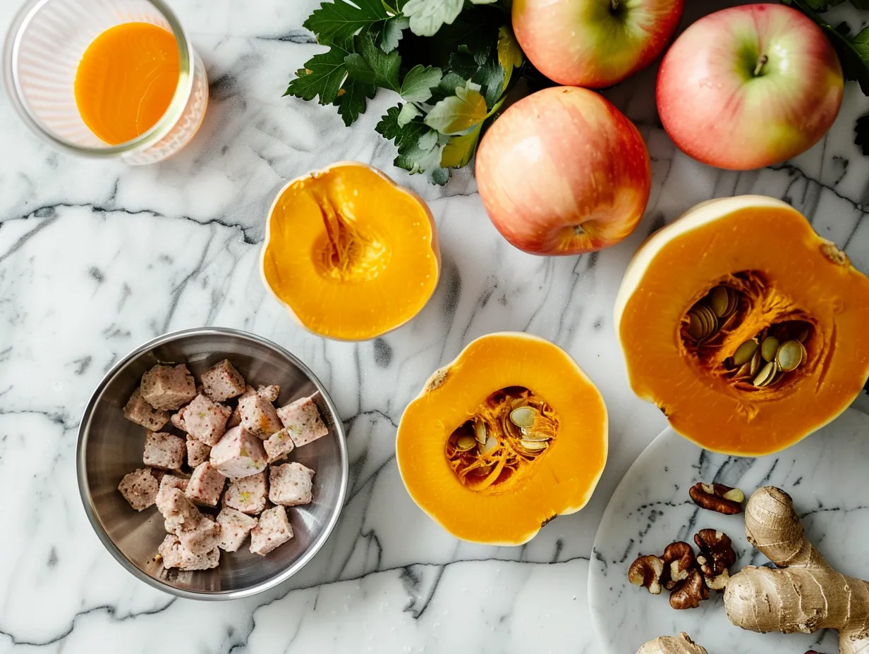 Ingredients for Sausage and Apple Stuffed Honeynut Squash including honeynut squash, sausage, apple, onion, and spices