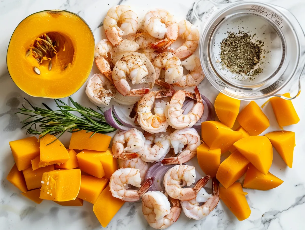 Ingredients for making Spiced Shrimp with Roasted Honeynut Squash