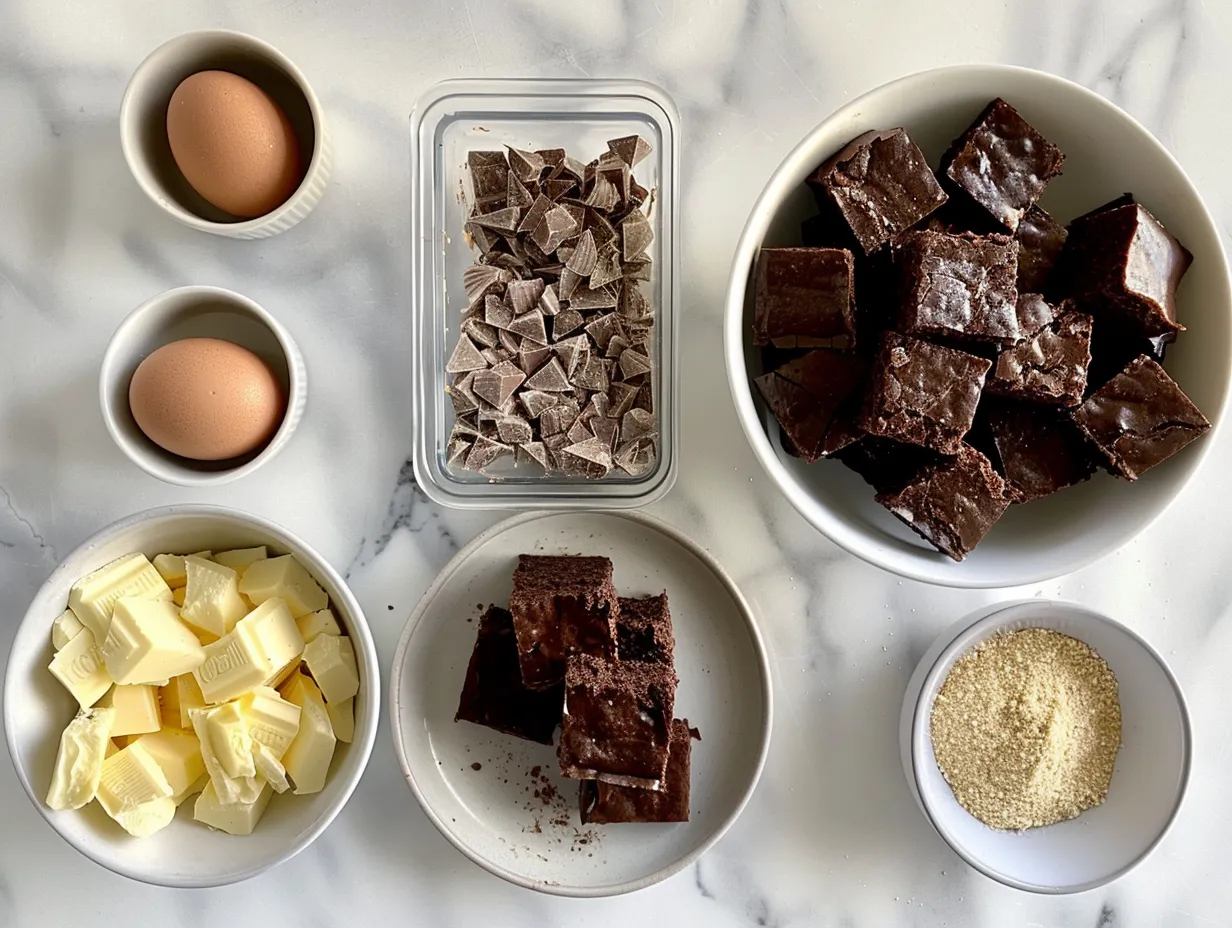 Ingredients for triple chocolate brownies including butter, sugar, cocoa powder, eggs, and chocolate chips, arranged on a marble surface.