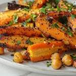 Maple Roasted Carrots with Chickpeas plated on a rustic wooden table