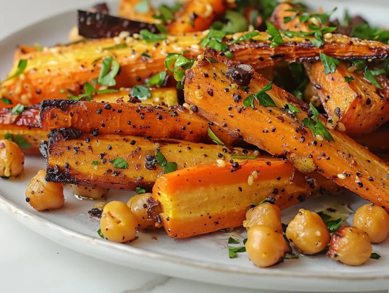 Maple Roasted Carrots with Chickpeas plated on a rustic wooden table