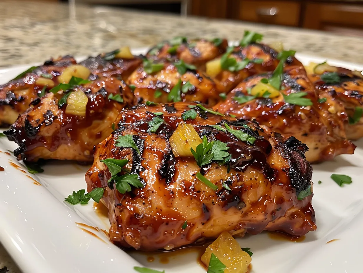 Delicious and appetizing Crockpot Pineapple BBQ Chicken in a slow cooker.