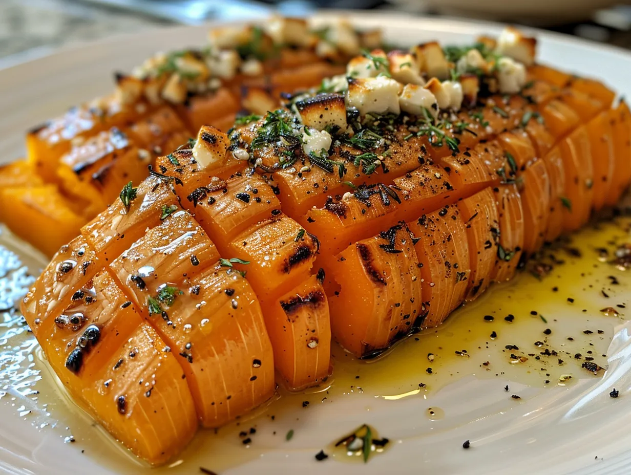 A mouthwatering hasselback butternut squash with feta plated and ready to serve