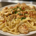 Overhead shot of creamy Cajun chicken pasta in a white bowl.