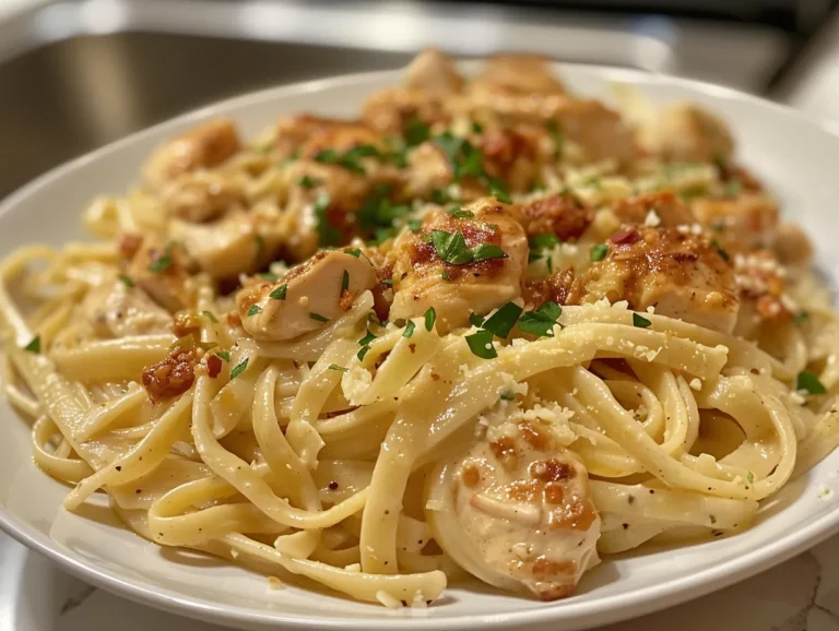 Overhead shot of creamy Cajun chicken pasta in a white bowl.