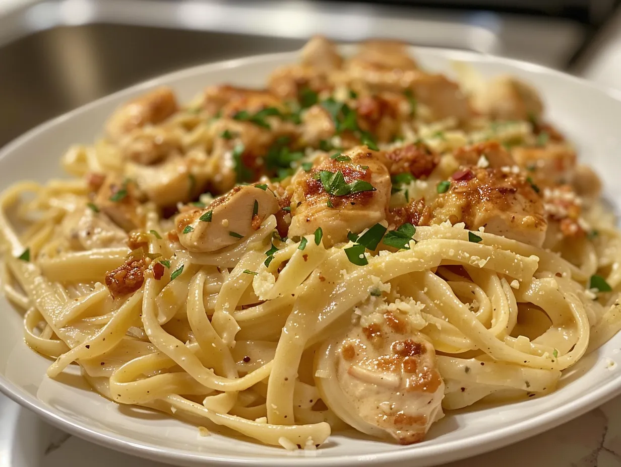 Overhead shot of creamy cajun chicken pasta in a white bowl, garnished with parsley.