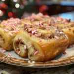 Overhead shot of freshly baked Peppermint Bark Cinnamon Rolls
