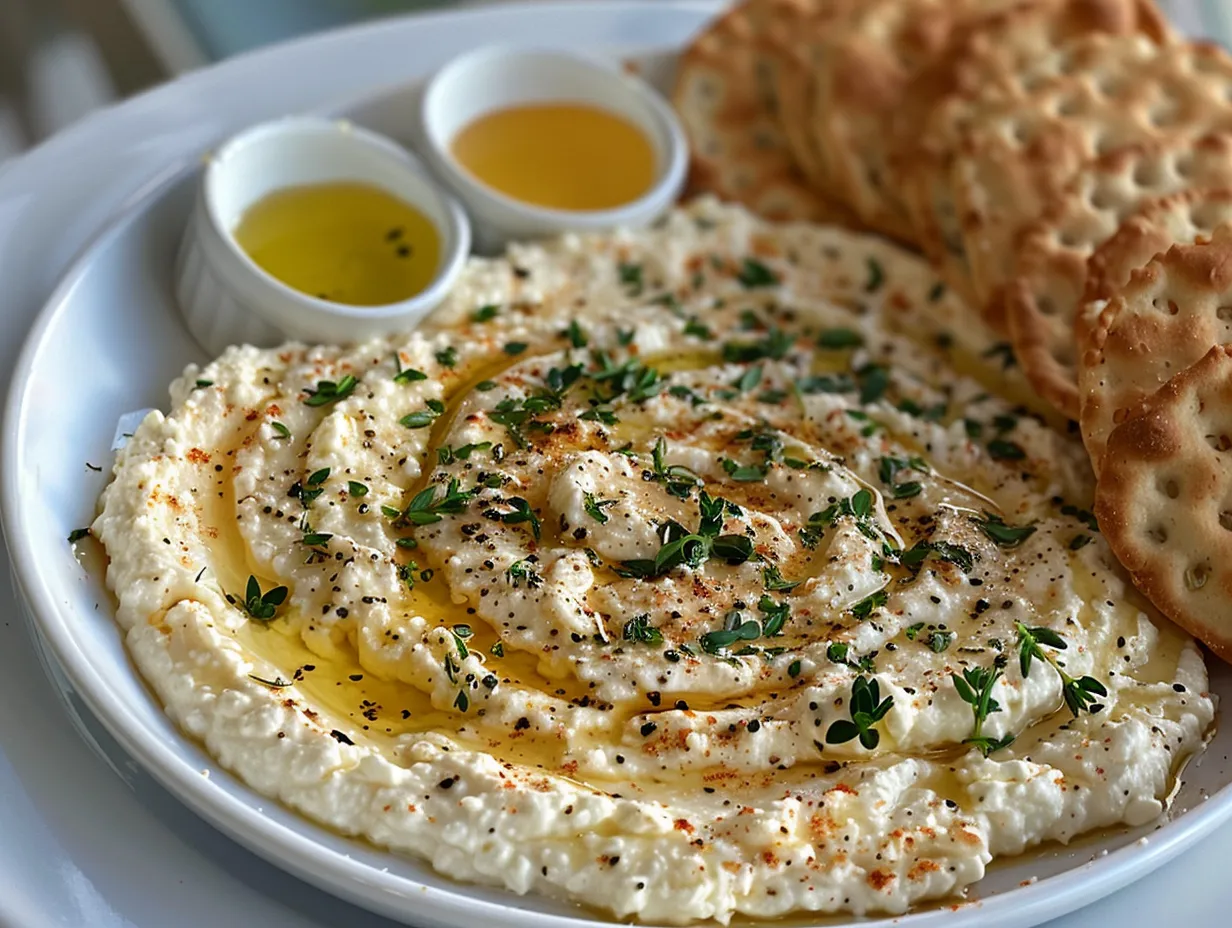 Overhead shot of a creamy Ricotta Dip drizzled with Hot Honey