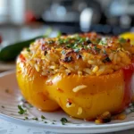 Overhead shot of vibrant Coconut Rice Stuffed Peppers