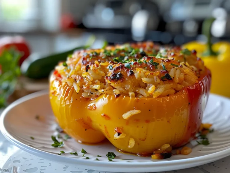Overhead shot of vibrant Coconut Rice Stuffed Peppers