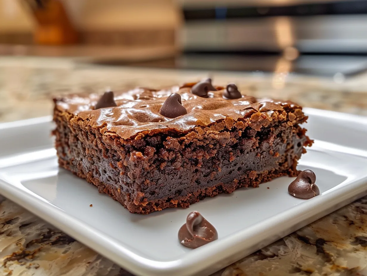 A plate of freshly baked, fudgy triple chocolate brownies, showcasing their rich texture and chocolate chips.