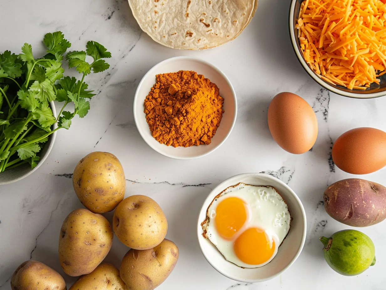 Ingredients for Potato Egg Cheese Breakfast Tacos including potatoes, eggs, cheese, and spices.