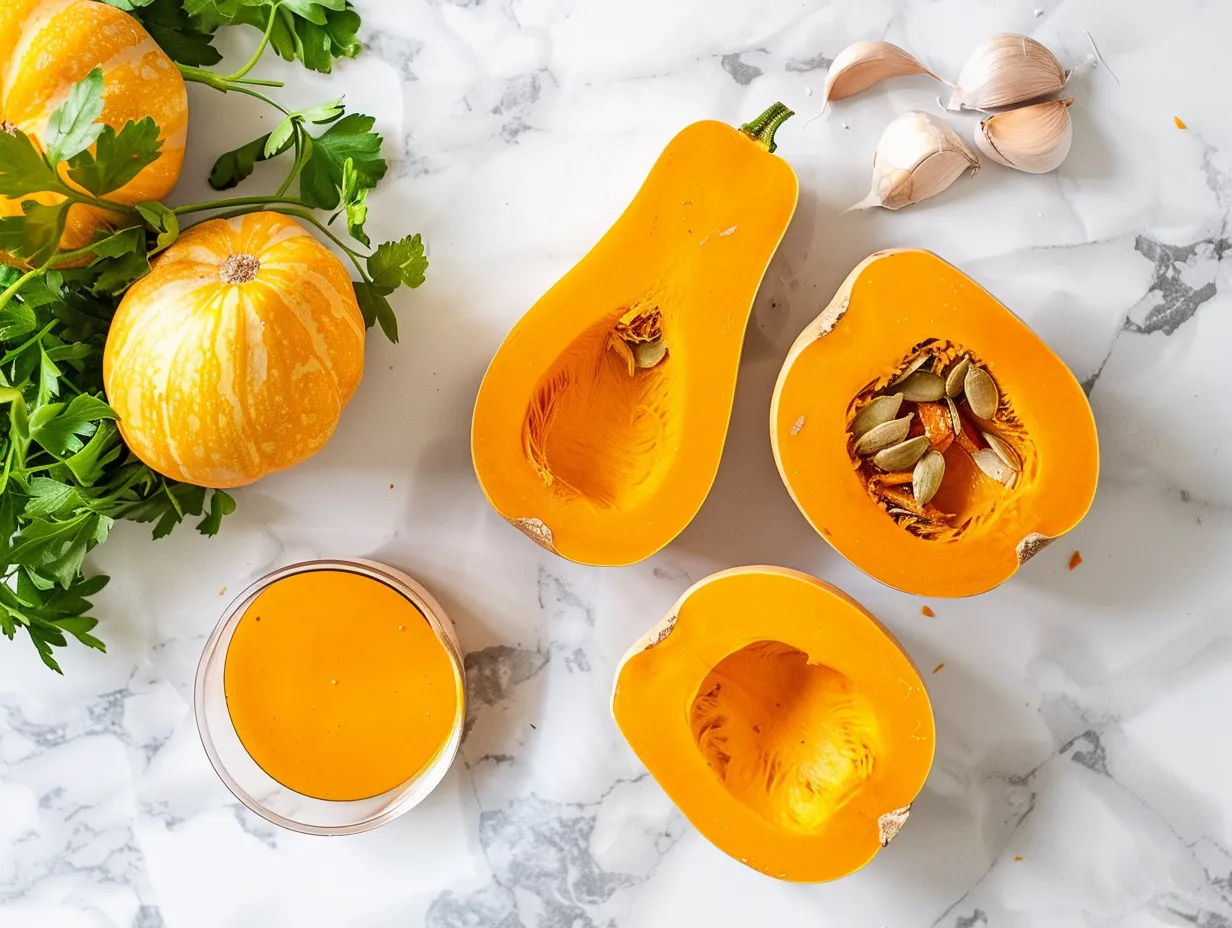 Raw butternut squash cubes with olive oil, maple syrup, smoked paprika, garlic powder, cayenne pepper, salt, and pepper in a bowl.