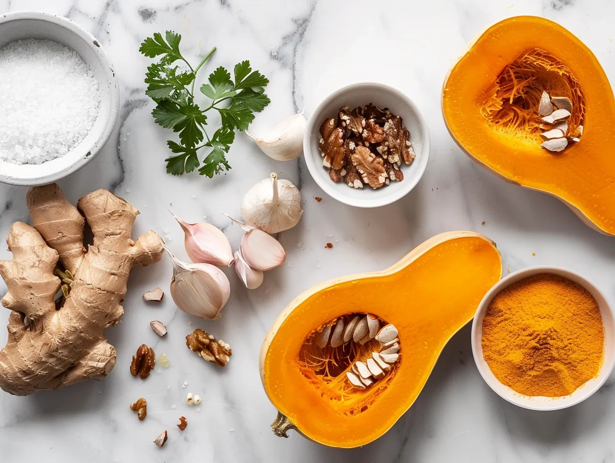 Ingredients for Brown Sugar Roasted Butternut Squash arranged on a marble surface