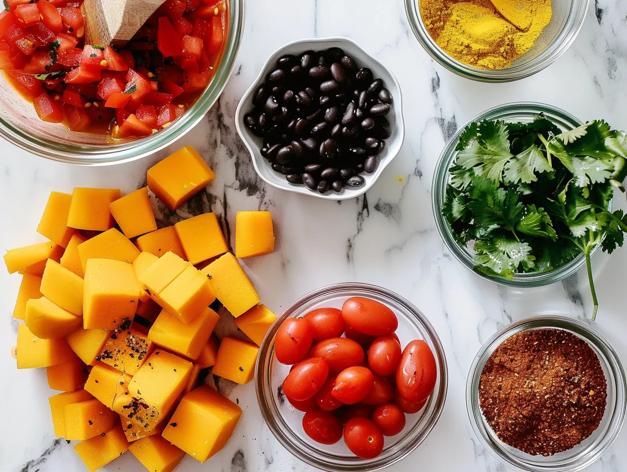 Ingredients for making black bean butternut squash stew.