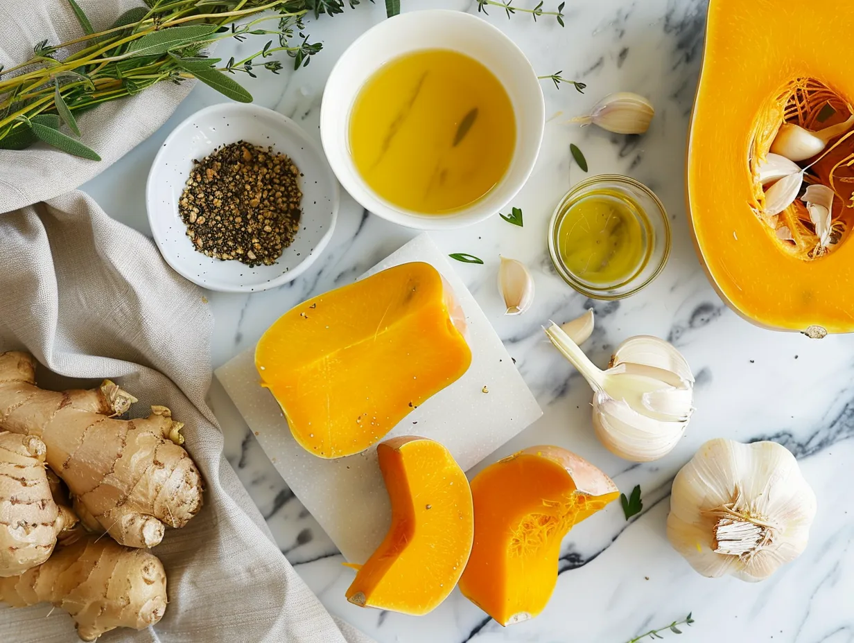 Raw ingredients for Butternut Squash Casserole, including butternut squash, onion, garlic, and spices.
