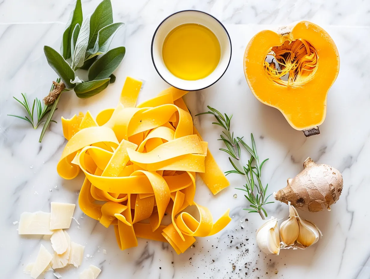 Raw ingredients for creamy butternut squash pasta: squash, garlic, onions, olive oil, evaporated milk, vegetable broth, penne pasta, parmesan cheese