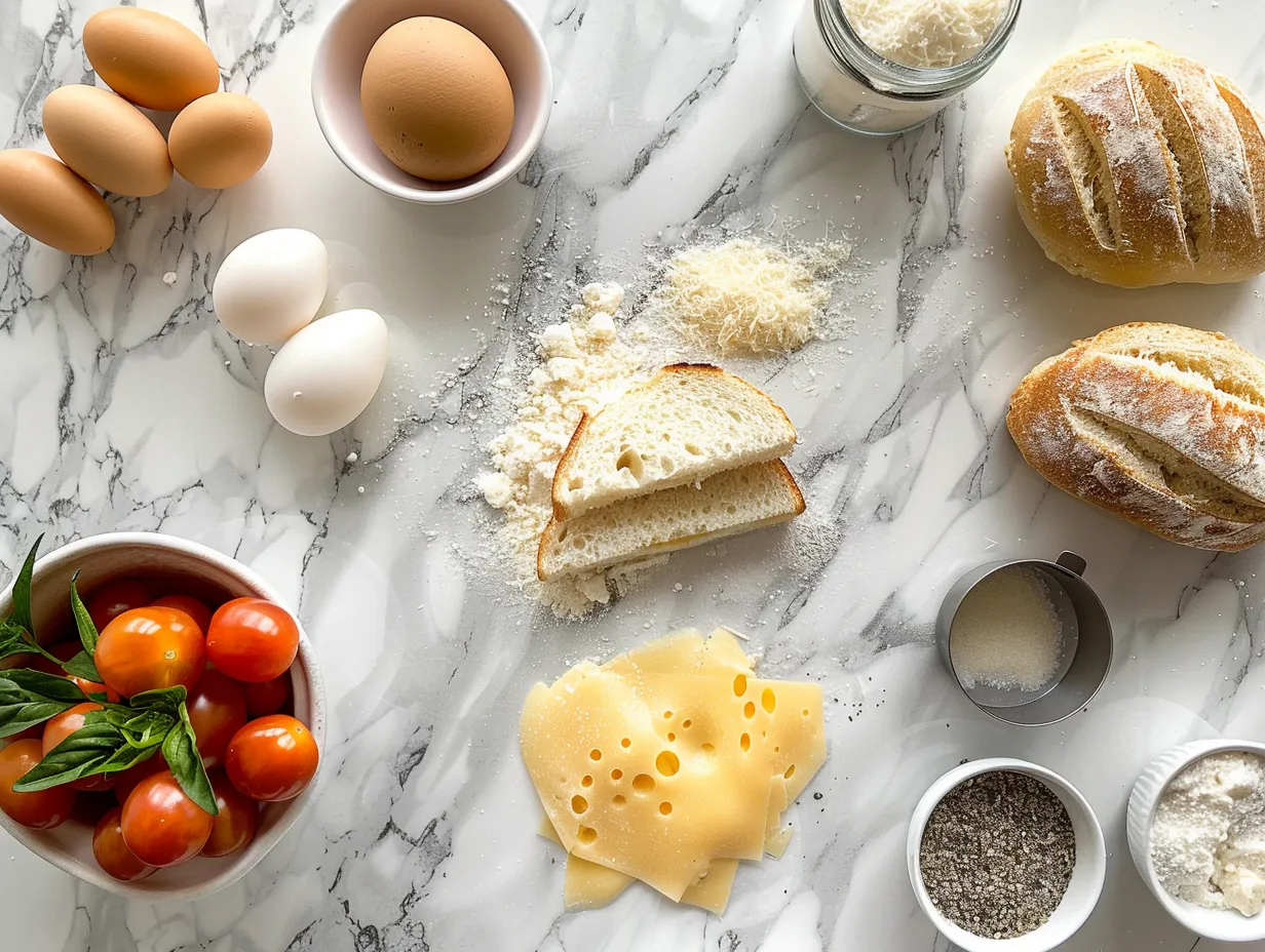 Ingredients for making Chicken Parmesan Grilled Cheese including bread, cheese, butter, and chicken parmesan.