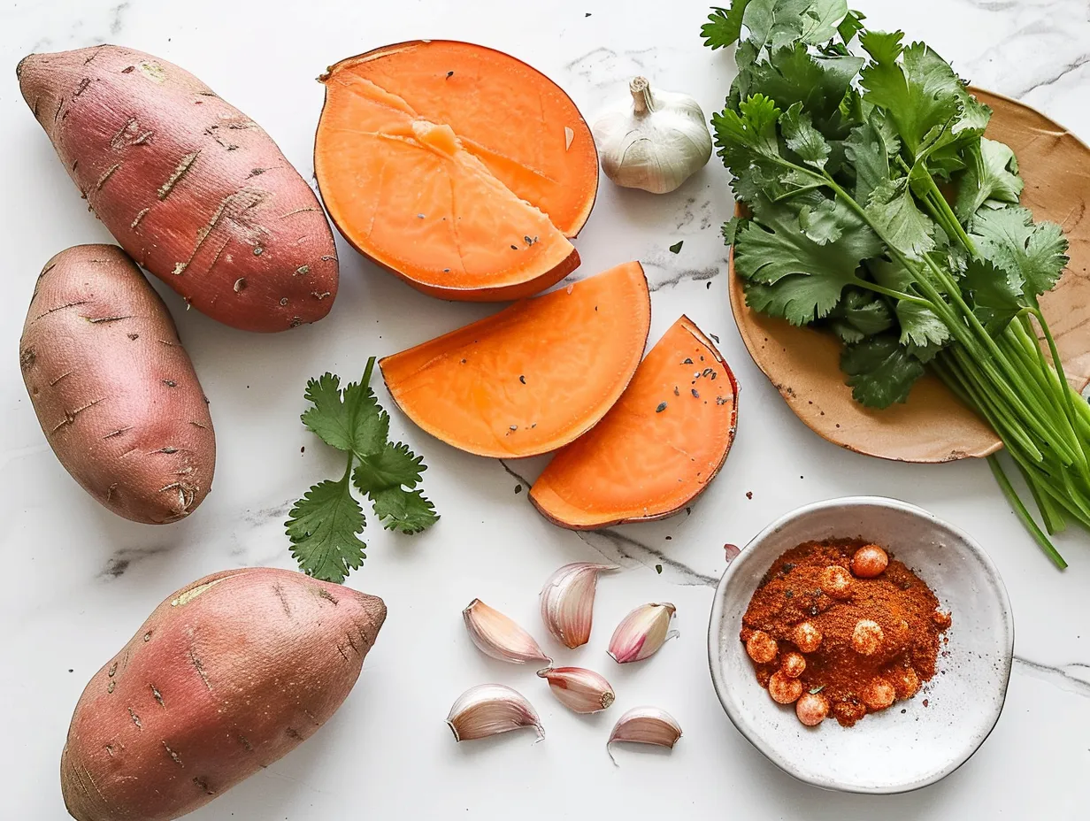 Raw ingredients needed for chili garlic sweet potatoes including sweet potatoes, garlic, olive oil, and spices.