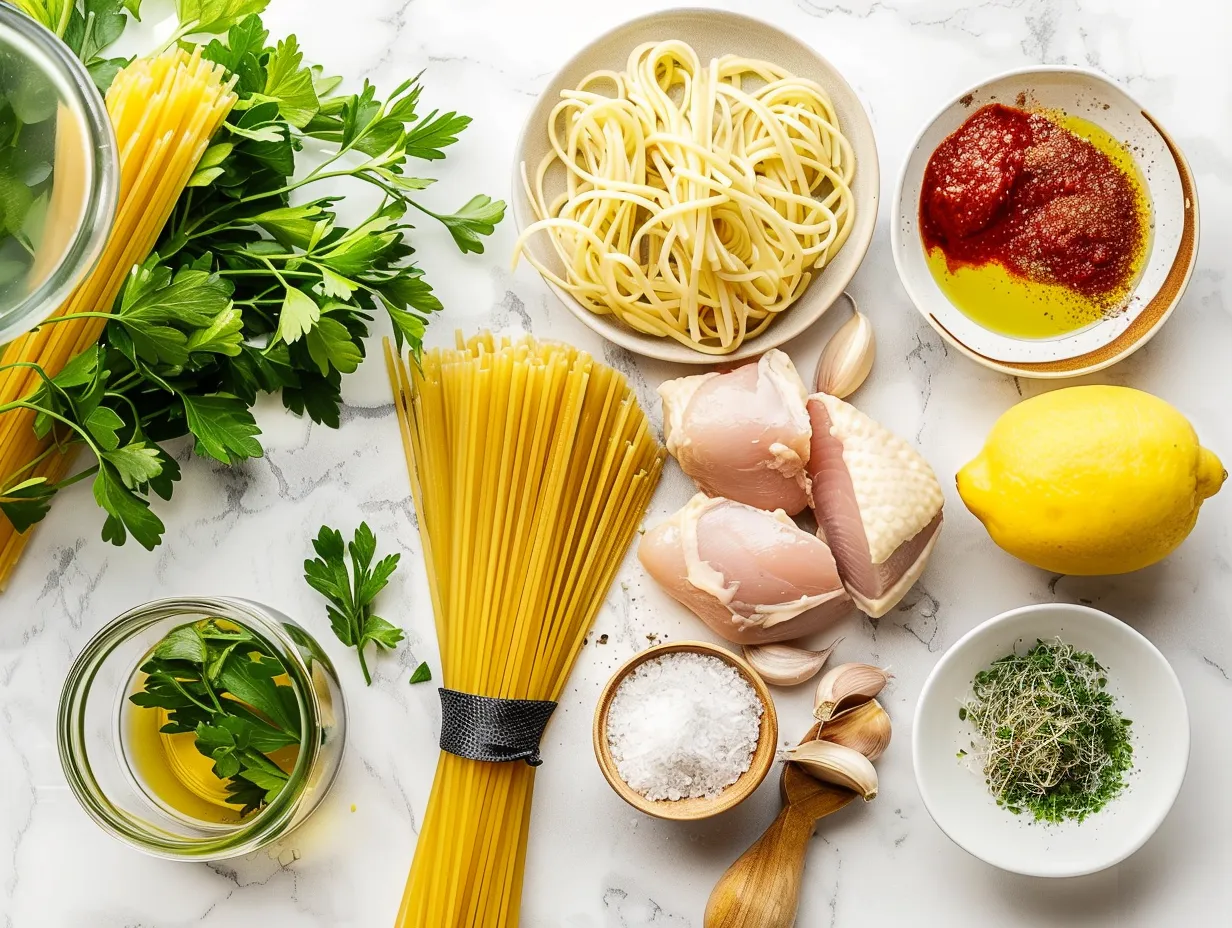 Raw ingredients for creamy cajun chicken pasta, including chicken, vegetables, spices, and pasta, arranged on a marble countertop.