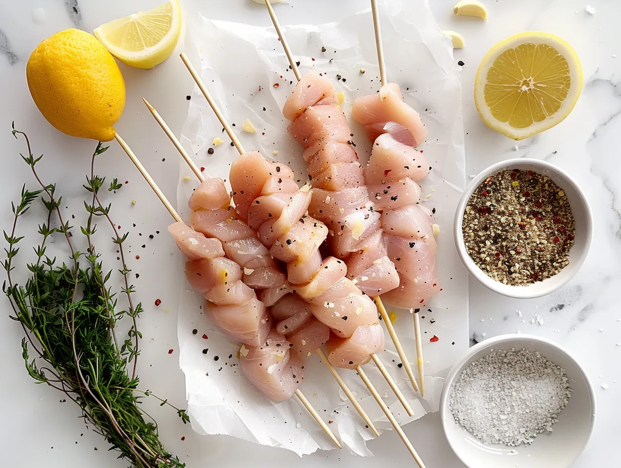 Raw ingredients for making garlic parmesan chicken skewers, including chicken, parmesan cheese, olive oil, garlic, parsley, lemon, and spices.