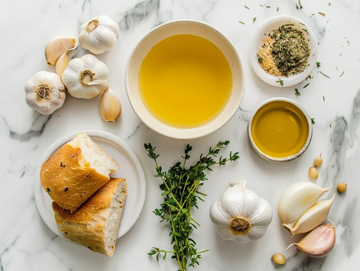Raw ingredients needed to make homemade garlic soup, including garlic heads, onion, thyme, salt, pepper, and olive oil.