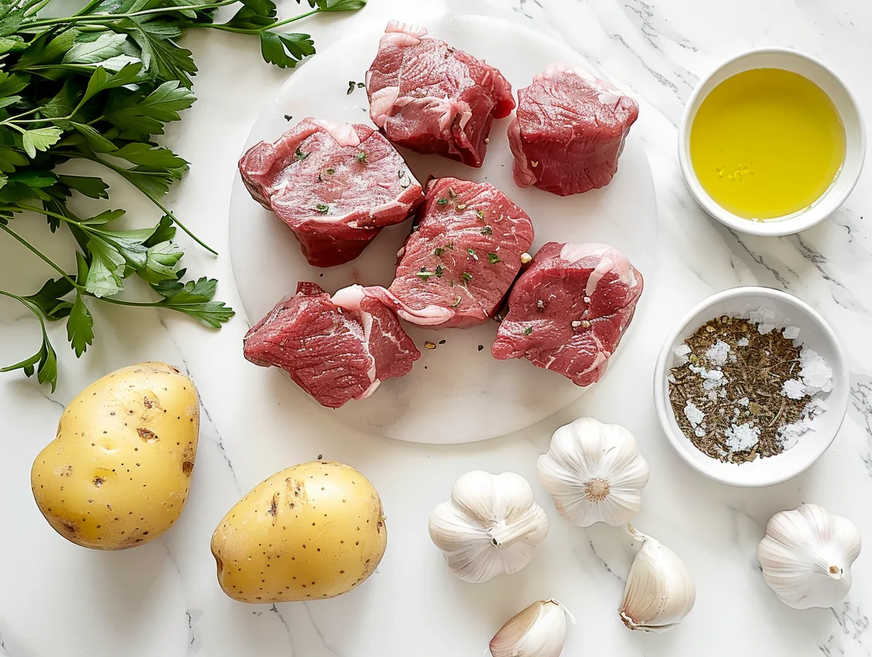 Raw ingredients needed to make delicious Garlic Steak Bites and Potatoes