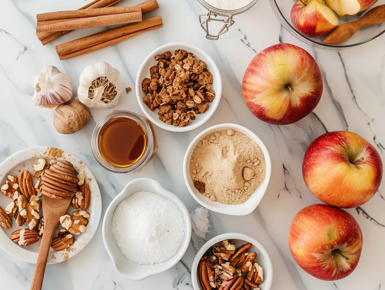 Raw ingredients for homemade apple crisp arranged on a white marble surface, showcasing apples, flour, oats, sugar, spices, and butter.