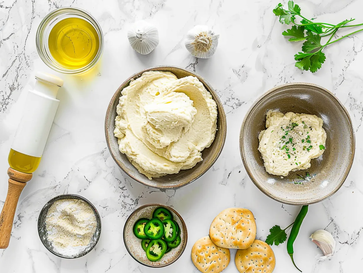 A beautiful display of the raw ingredients needed to make Spicy Jalapeno Popper Twists, including cheeses, dough, and spices.