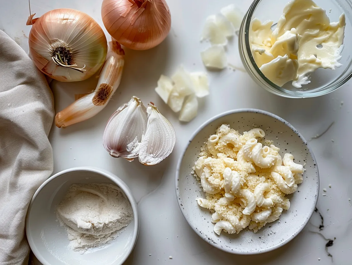 Ingredients for making mac and cheese stuffed onion rings including onions, cheese, milk, butter, panko, eggs, and spices.