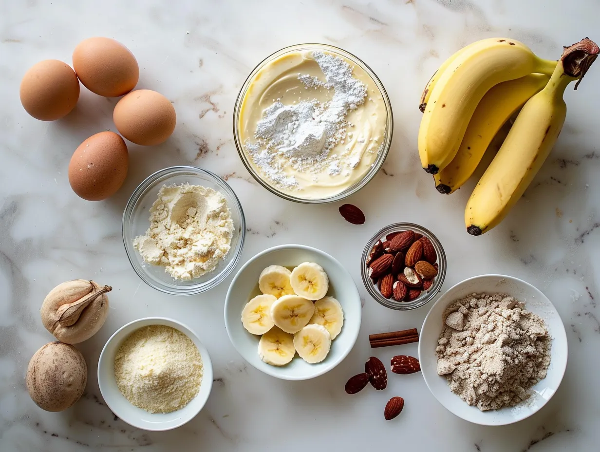 Raw ingredients for making mini banana pudding cheesecakes, including vanilla wafers, cream cheese, bananas, and pudding mix, arranged on a marble surface.
