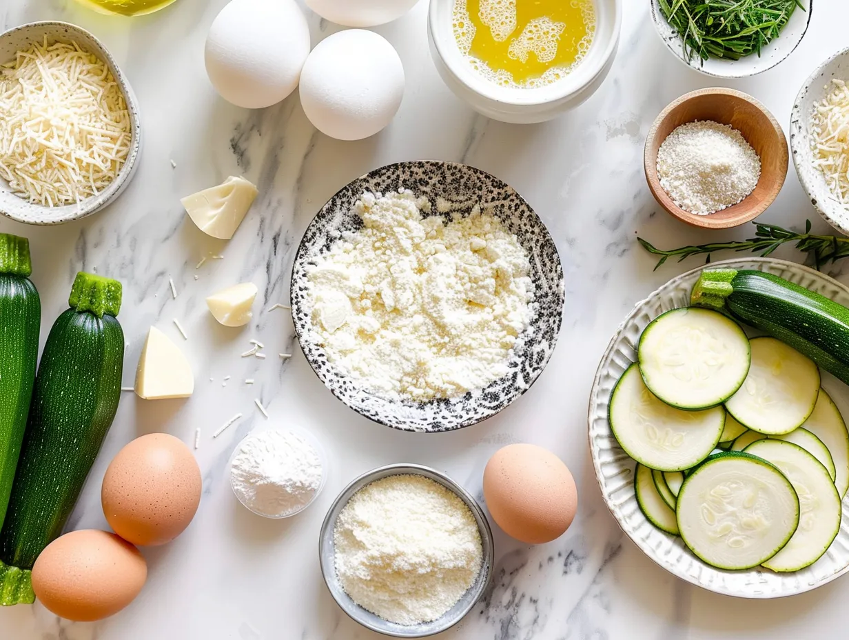 Ingredients for Parmesan Zucchini Muffins: flour, zucchini, parmesan, and more.