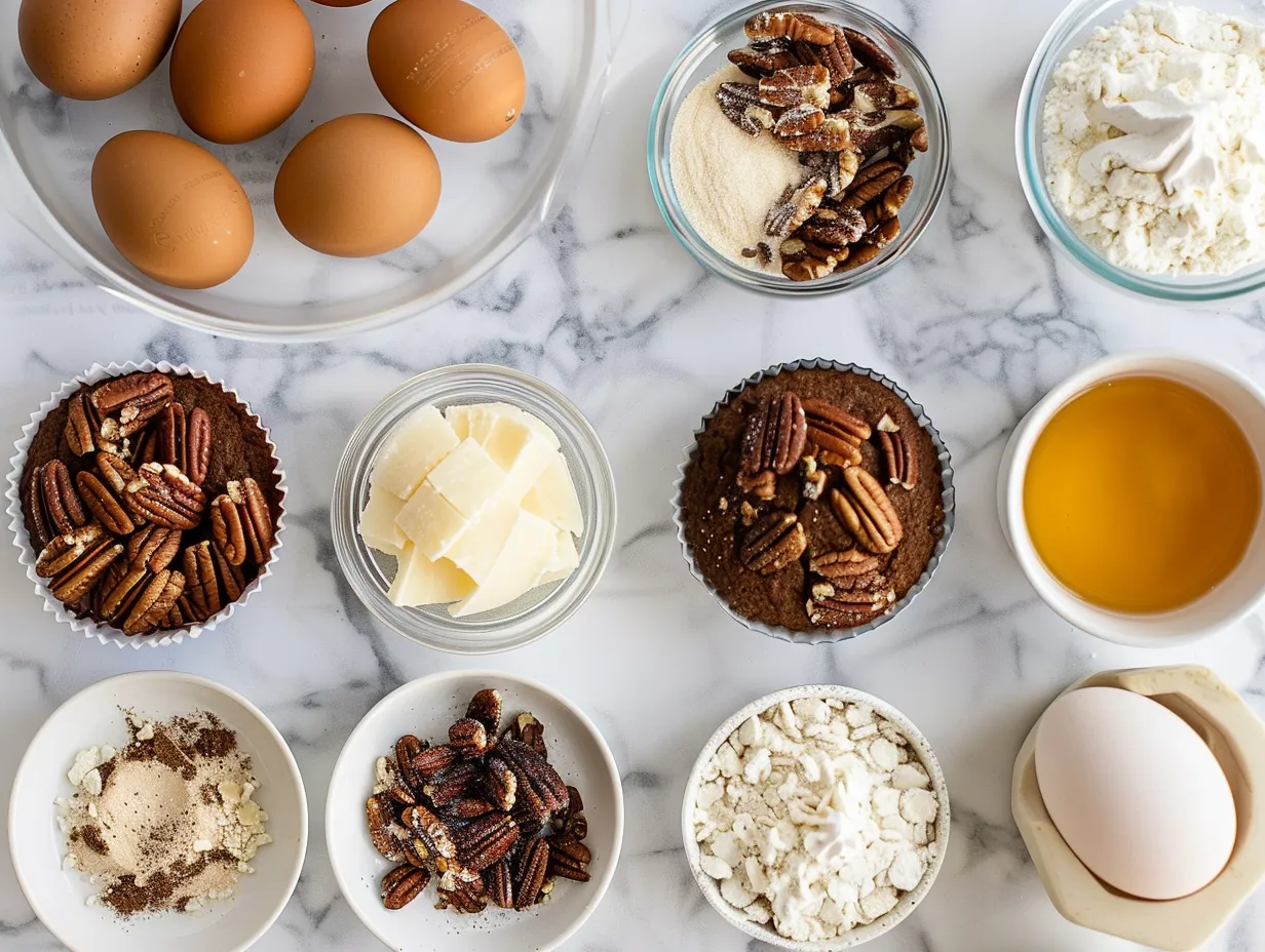 A variety of raw ingredients including flour, eggs, pecans, and butter, laid out on a wooden surface ready to be used for baking pecan pie cupcakes.