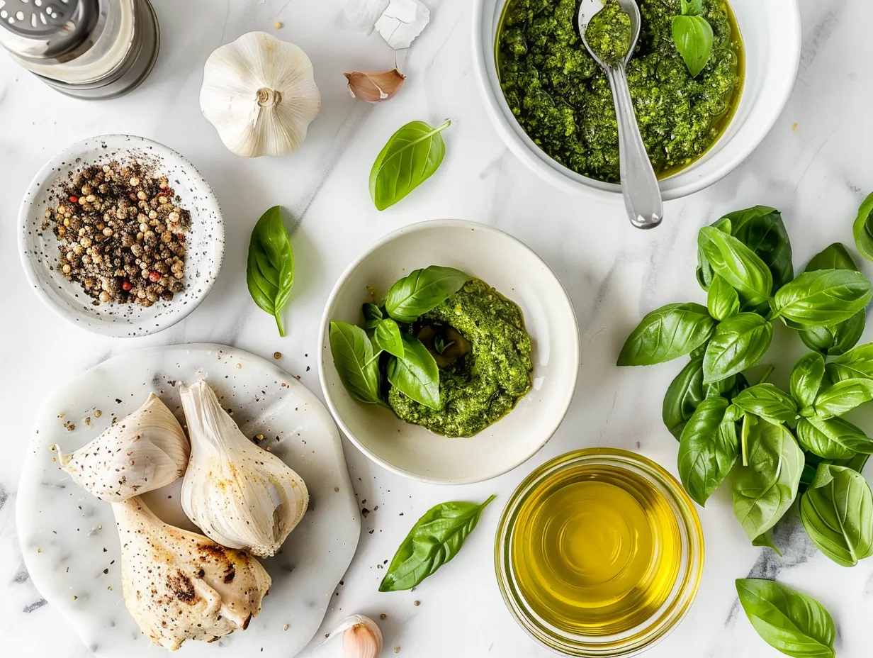 Ingredients for Pesto Chicken Skillet including chicken, pesto, cream, parmesan, and sun-dried tomatoes