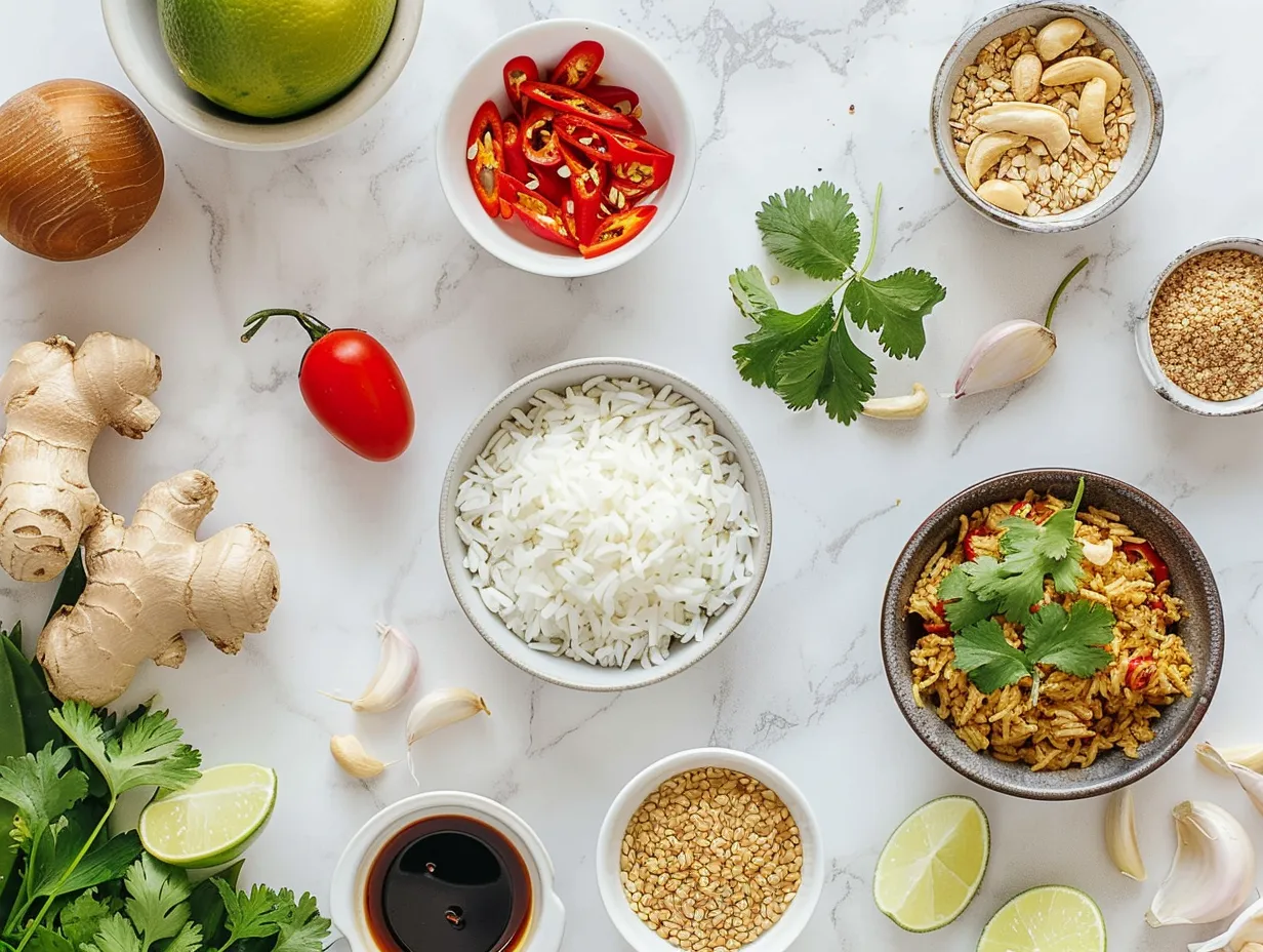 Raw ingredients for Satay Crispy Rice Salad, including rice, vegetables, soy sauce, sesame oil, and peanuts, artfully arranged on a white marble surface.