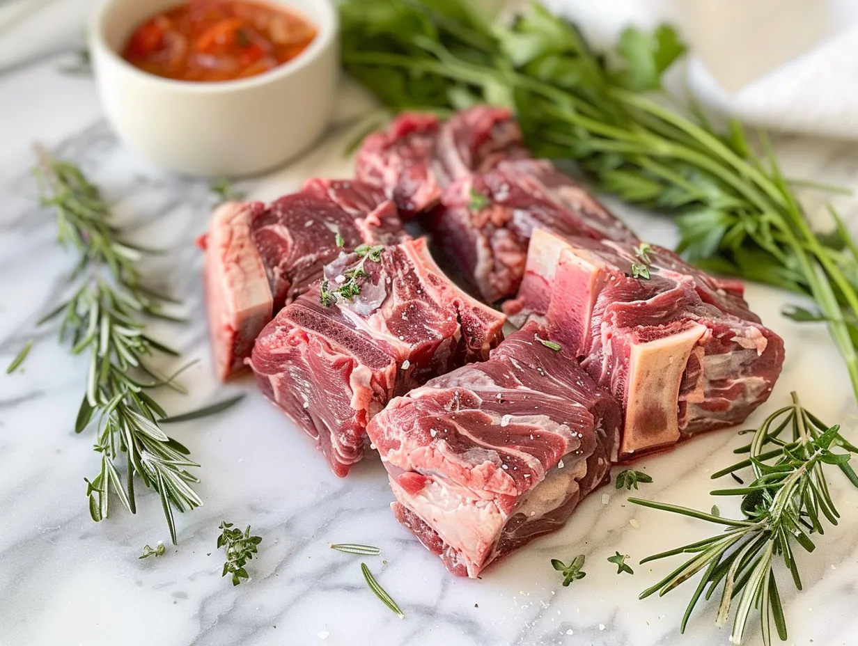 Raw ingredients for preparing Slow Cooker Beef Short Ribs, including beef short ribs, onions, garlic, herbs, and spices.