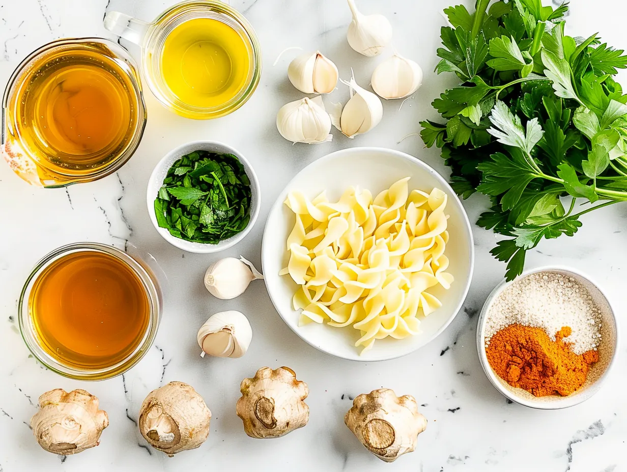 Ingredients for the Slow Cooker Chicken Noodle Soup recipe are displayed, including chicken thighs, various chopped vegetables, herbs, and noodles.