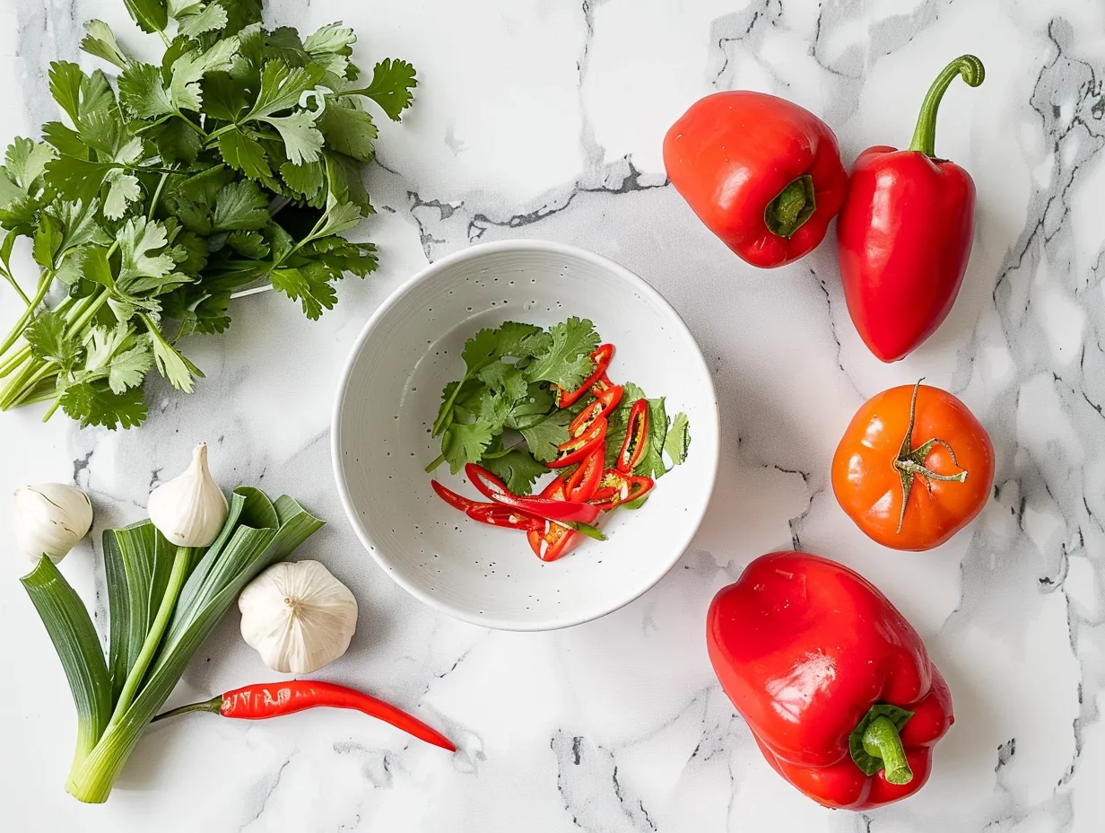 Sweet Chili Chicken Bowl ingredients: chicken, rice, bell peppers, red onion, carrots, cilantro, olive oil, sesame seeds, rice vinegar, honey, soy sauce, garlic, ginger, gochujang, cornstarch, and water
