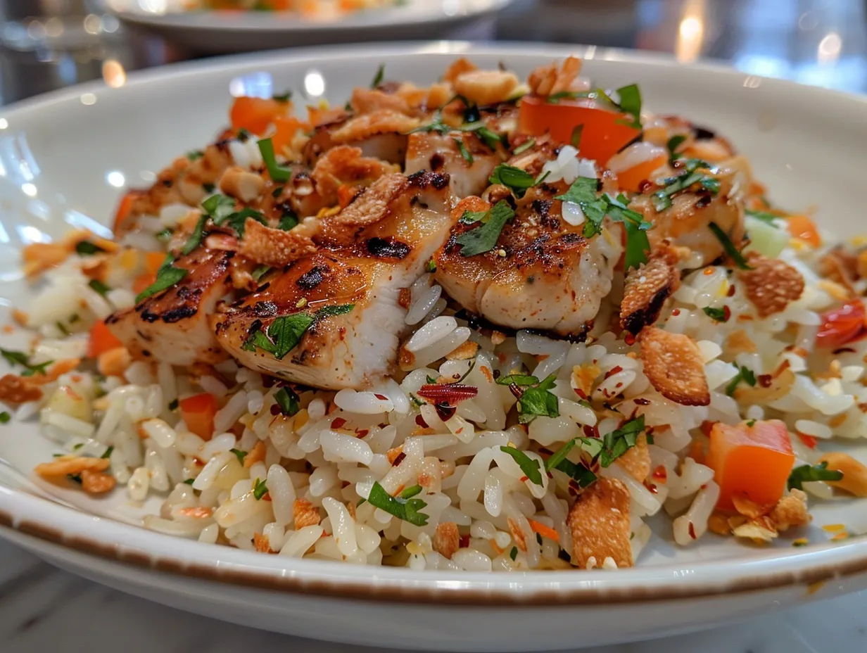A vibrant bowl of Satay Crispy Rice Salad, featuring crispy rice, colorful vegetables, and a generous drizzle of peanut sauce.