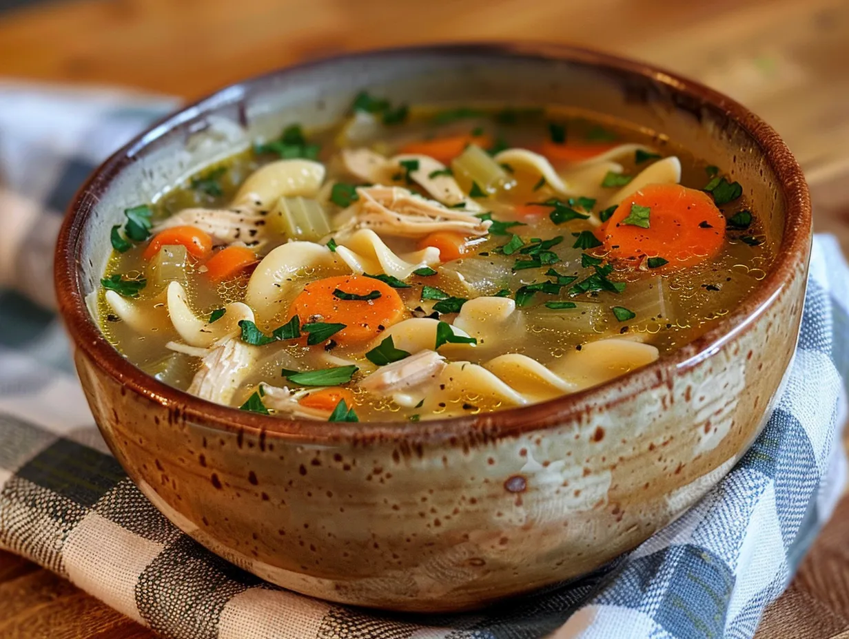 A warm and comforting bowl of slow cooker chicken noodle soup with a spoon.