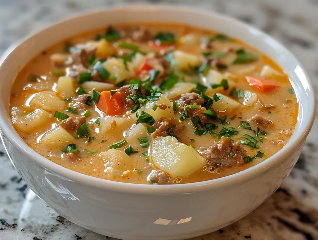 A bowl of Copycat Outback Potato Soup Recipe with bacon and green onion toppings