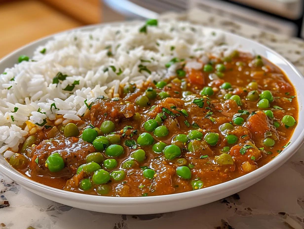 A comforting bowl of Greek Green Peas Stew, garnished with fresh dill and a drizzle of olive oil.