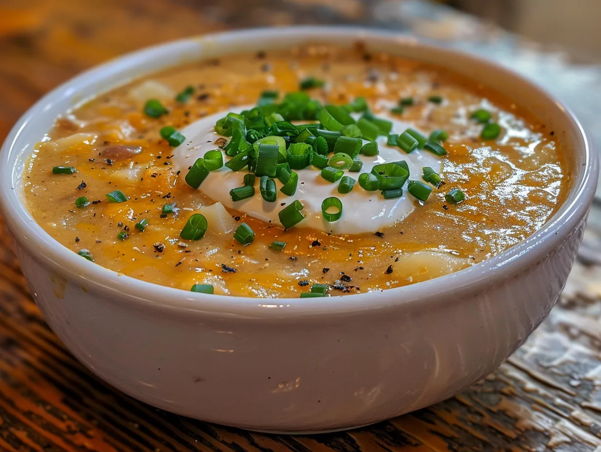 A comforting bowl of steaming Cheesy Potato Soup, topped with fresh herbs and a sprinkle of cheese.