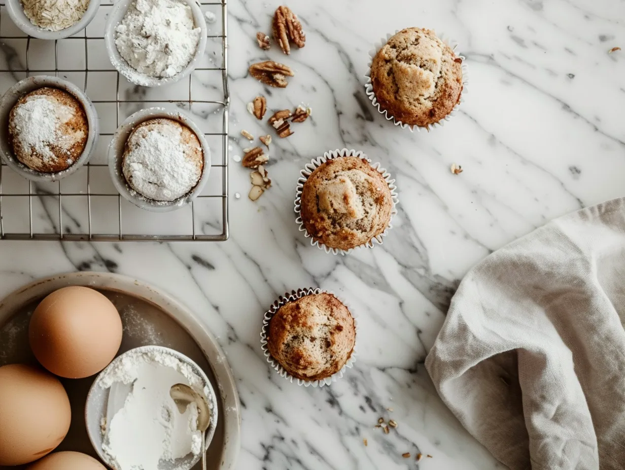 All the ingredients for making delicious breakfast muffins.