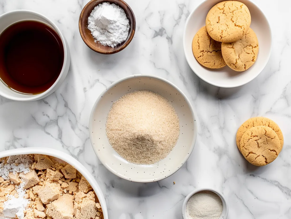 Ingredients for making brown sugar cookies including butter, sugar, flour, eggs and vanilla