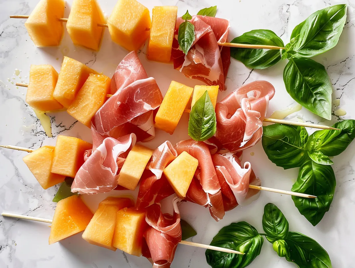 Ingredients for cantaloupe and prosciutto skewers, including cantaloupe, prosciutto, balsamic glaze, and mint.