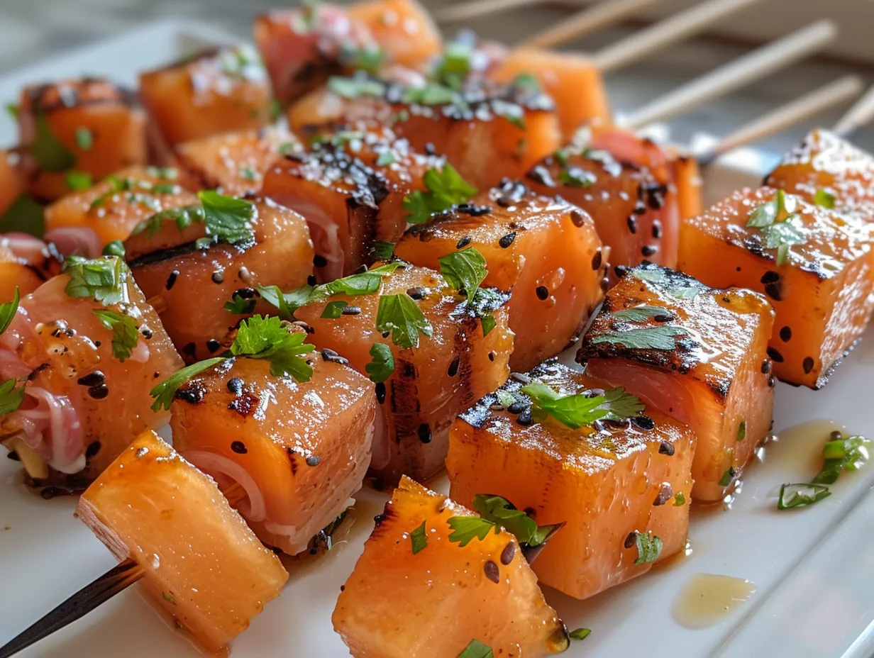 Cantaloupe prosciutto skewers arranged on a white platter, garnished with fresh mint.