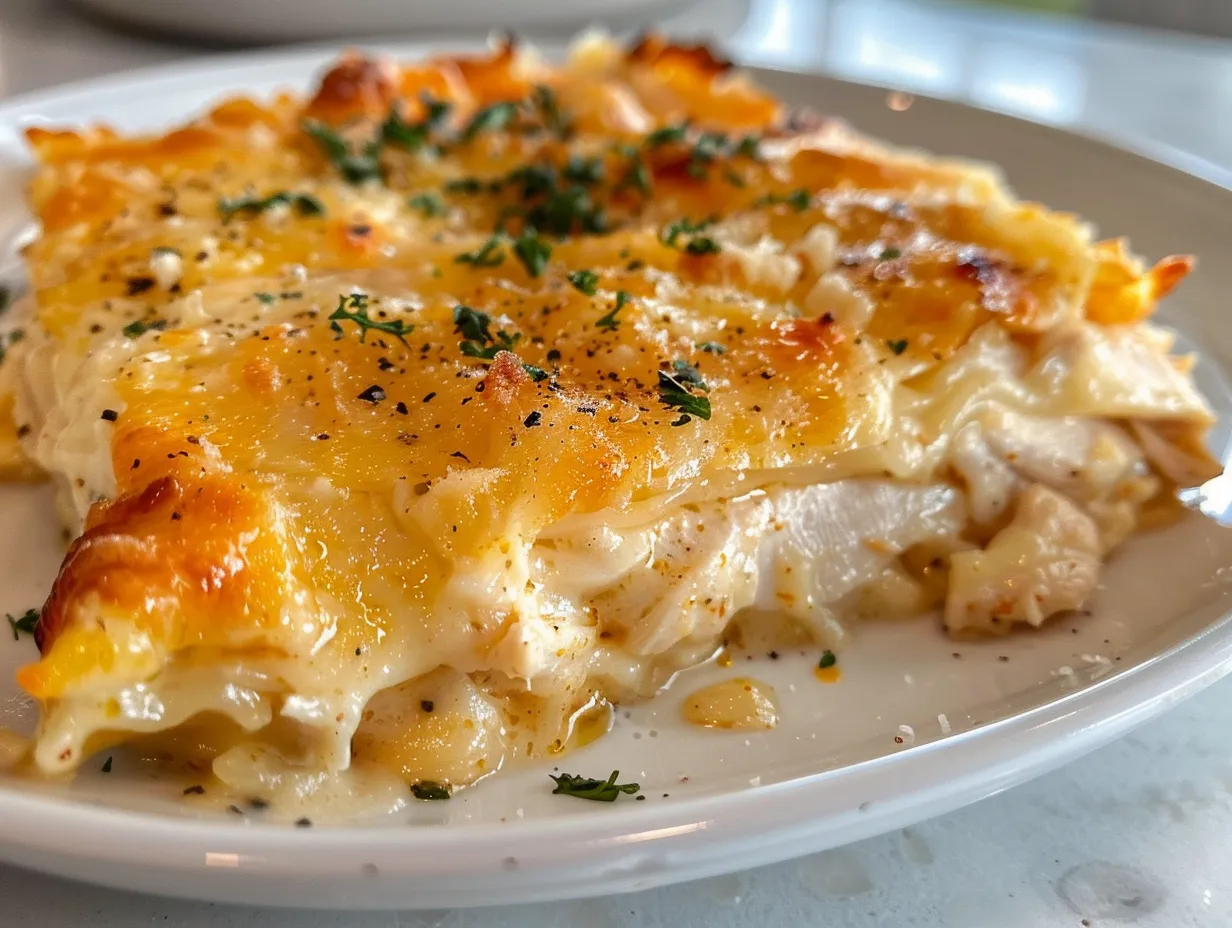 Cheesy crack chicken casserole finished and ready to serve