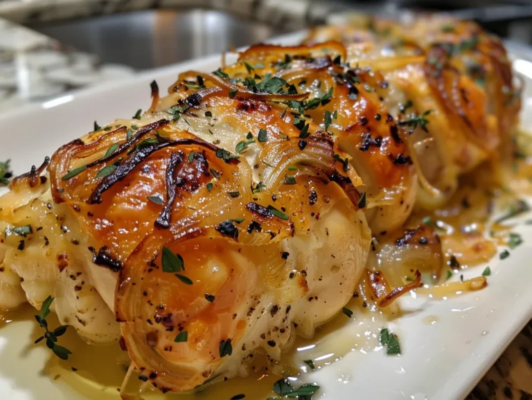 Cheesy Stuffed Chicken Rolls with Caramelized Onions on a Plate